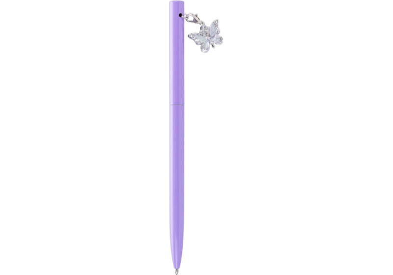 Ручка металева фіолетова із сяючим брелоком &quot;Метелик&quot;, вкритим кристалами, пише синім