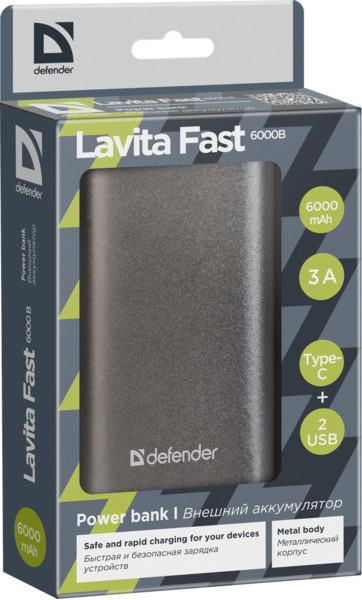 powerbank DEFENDER Lavita Fast 6000B 2*USB+1*Type-C, 6000 mAh, 3A