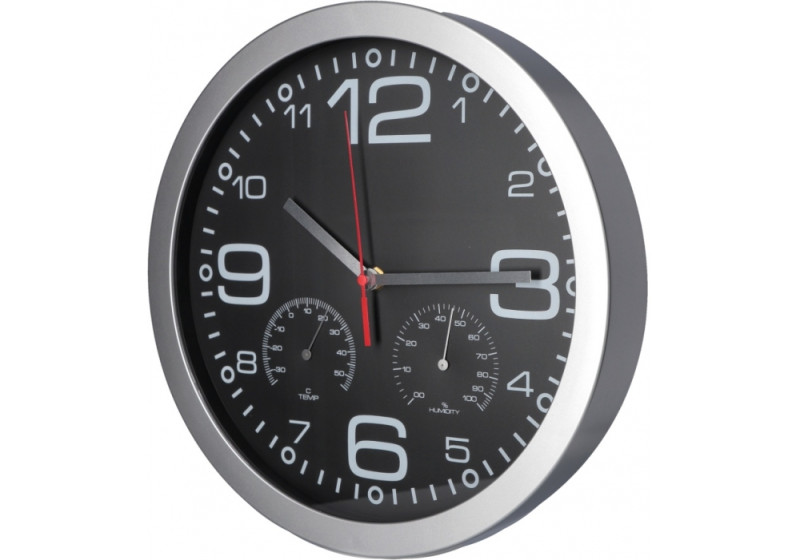 Годинник настінний пластиковий Optima CHRONO з термометром та гігрометром, чорний